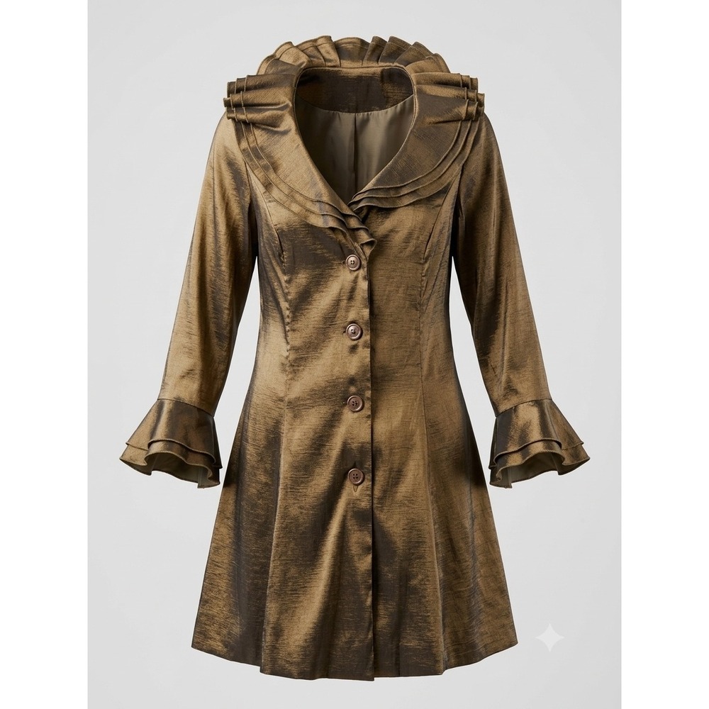 Jerry T 1X Iridescent Olive Bronze Ruffle Collar Coat Jacket Whimsigoth Flare